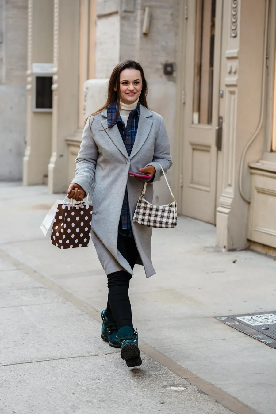 Grey wool coat with plaid scarf and turtleneck